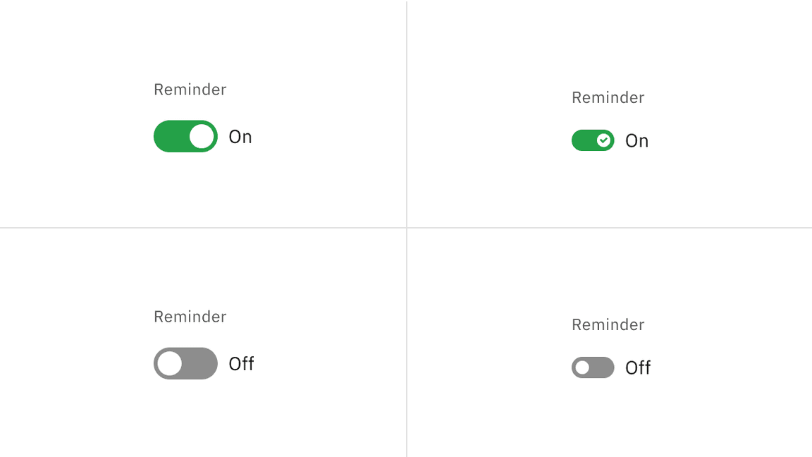 On and off states of default and small toggle